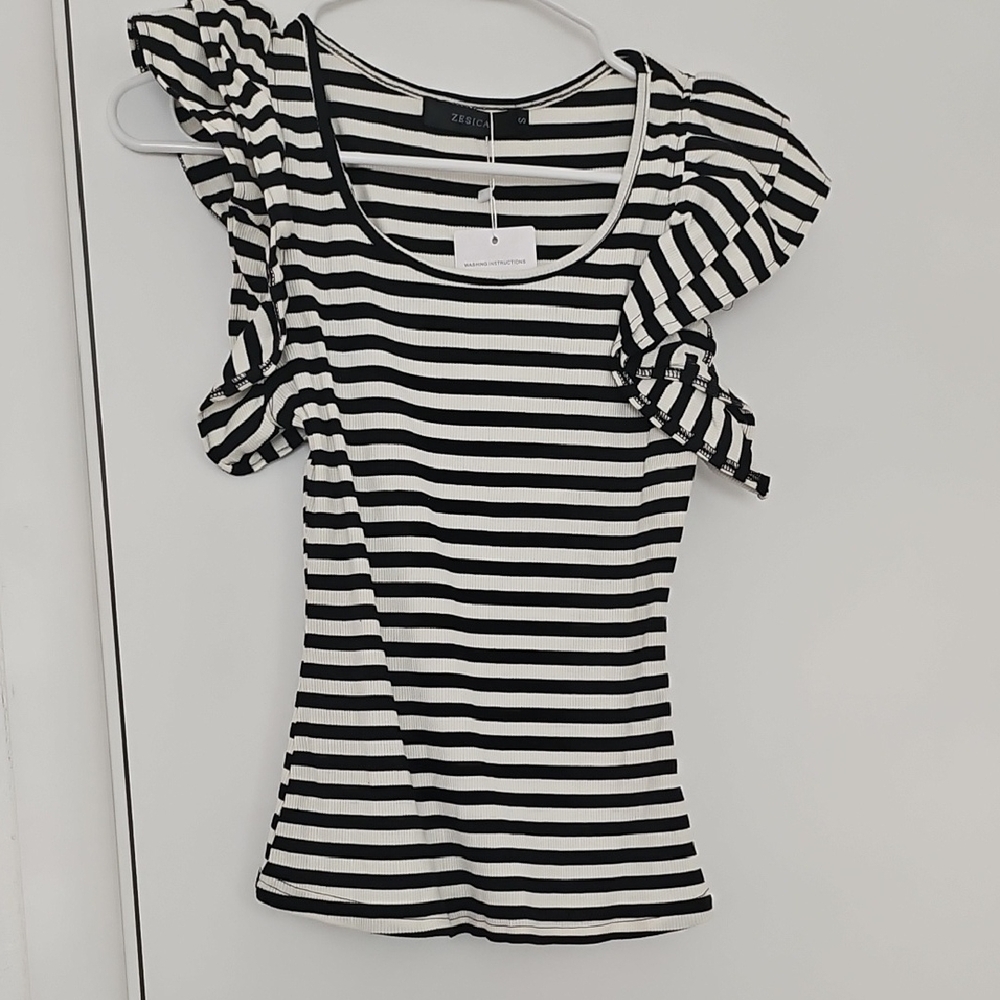 Monochrome Striped Ruffle Sleeve Blouse